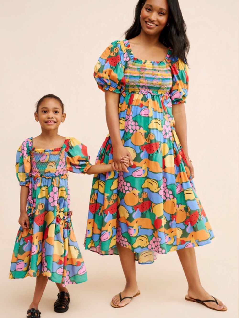 FARM Rio Girls Multicolor Fruit & Floral Smocked Puff-Sleeve Dress
